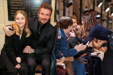 David Beckham et sa fille Harper (g), Victoria Beckham à la fin de son défilé au Val de Grace, lors de la Fashion Week de Paris (d).