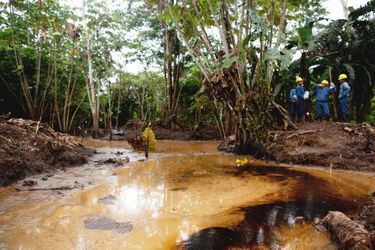 Un plan d'eau transformé en cloaque, près d'un champ pétrolier de la province de Sucumbios, en 2014.