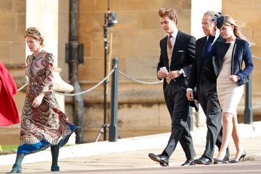 Serena Stanhope, comtesse de Snowdon, Charles Armstrong-Jones, David Armstrong-Jones, comte de Snowdon, et Lady Margarita Armstrong-Jones arrivent au mariage de la princesse Eugénie et Jack Brooksbank, à Windsor, le 12 octobre 2018.