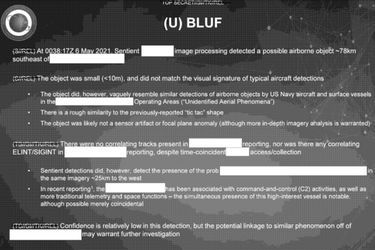 Un extrait du rapport caviardé du National Reconnaissance Office sur l'objet détecté par le système d'IA, Sentient.