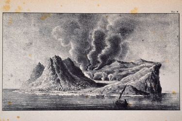 Gravure figurant l’île Julia, Graham ou Ferdinandea en 1831