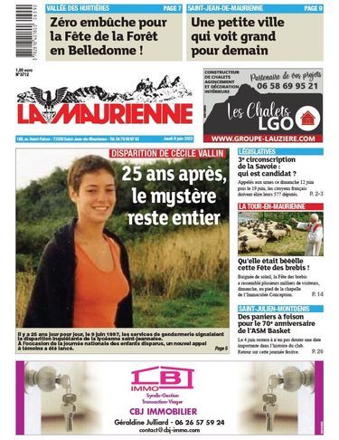 Le 8 juin 2022, le journal La Maurienne met à sa Une Cécile, disparue 25 ans auparavant.