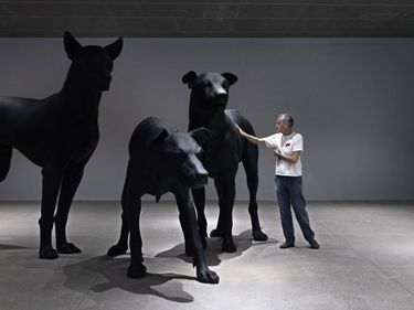 Comme une caresse lors de l’installation de l’œuvre, «Untitled (Three Dogs) », à la Fondation.
