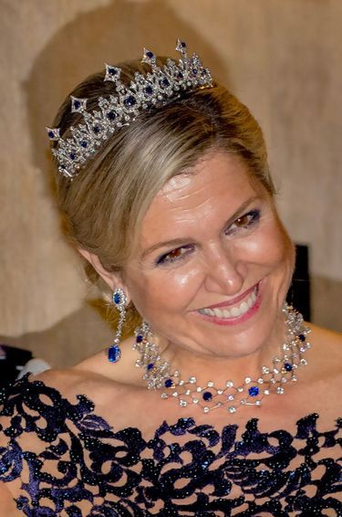 La reine Maxima des Pays-Bas coiffée du « petit » diadème en saphirs et diamants, le 14 juin 2023