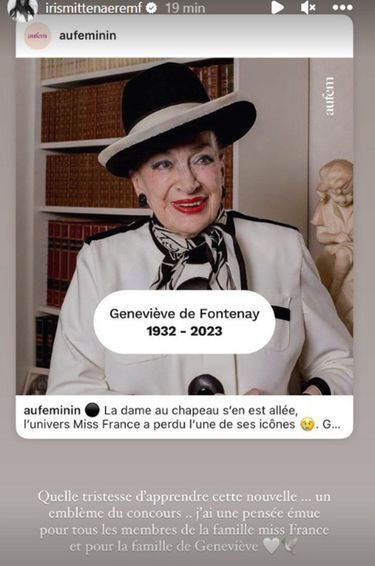 Iris Mittenaere réagit à la mort de Geneviève de Fontenay, le 2 août 2023.