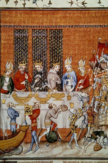 Miniature figurant le « Banquet des trois rois », dans les « Grandes chroniques de France » de Jean Fouquet (1420-1481) (Bibliothèque nationale, Paris)