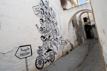 Fresque réalisée en 2011 par Bilal Berreni, alias Zoo Project, dans les rues de la Medina de Tunis.