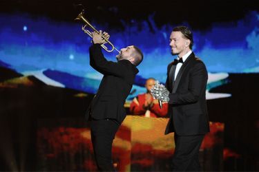 Ibrahim Malouf and J Balvin during the Yellow Peace Gala at the Accor Arena on January 26, 2024 in Paris.
