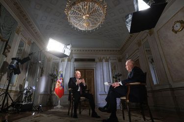 RUSSIA, MOSCOW - MARCH 12, 2024: Russiaâs President Vladimir Putin (L) gives an interview to Rossiya Segodnya media group general director Dmitry Kiselev.