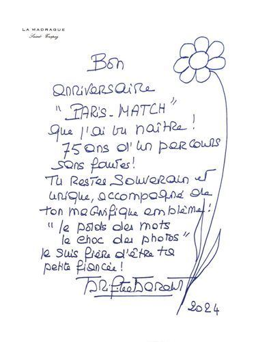 La lettre d'anniversaire de Brigitte Bardot à Paris Match.