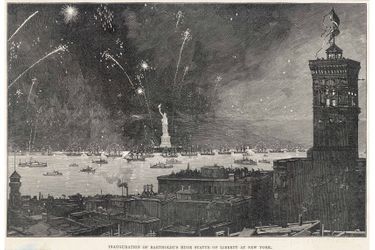 Gravure figurant l’inauguration de la statue de la Liberté de Bartholdi à New York en 1886