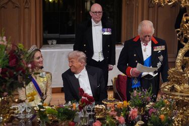 King Charles, his daughter-in-law Princess Kate Middleton and Donald Trump, during the state banquet given at Windsor Castle in honor of the visit of the American president, September 17, 2025.
