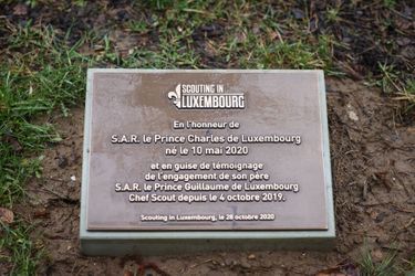 La plaque en l&#039;honneur des princes Charles et Guillaume de Luxembourg au parc Dräi Eechelen à Luxembourg, le 22 février 2022