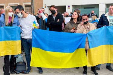 Javier Bardem lors de la manifestation contre l&#039;invasion russe en Ukraine devant l&#039;ambassade russe à Madrid, le 24 février 2022.