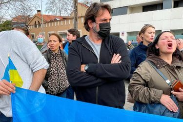Javier Bardem lors de la manifestation contre l&#039;invasion russe en Ukraine devant l&#039;ambassade russe à Madrid, le 24 février 2022.