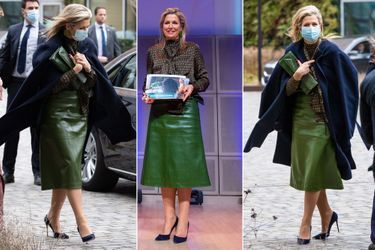 La reine Maxima des Pays-Bas porte sa jupe Natan en cuir de cactus à Amsterdam, le 16 février 2022