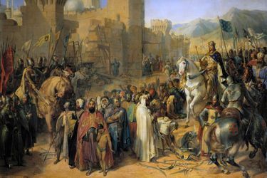 Tableau de 1840 de Merry Joseph Blondel «La ville de Ptolémaïs remise à Philippe-Auguste et Richard Cœur de Lion, le 13 juillet 1191», lors de la troisième croisade (détail) (Musée de Versailles)