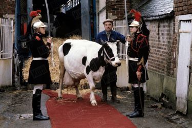 Les honneurs de la Garde républicaine pour une frisonne, accompagnée de son propriétaire Jacques Ricklin, lors du Salon de l'agriculture en mars 1981.