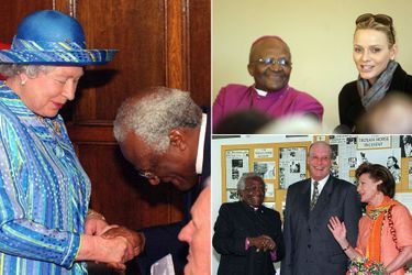 Desmond Tutu avec la reine Elizabeth II le 4 juin 1999, la princesse Charlène de Monaco le 8 juillet 2011, et le roi Harald V et la reine Sonja de Norvège le 26 février 1998