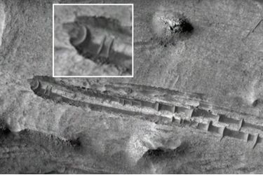 Détail de la photo prise par la sonde Mars Reconnaissance Orbiter dans le canyon Candor Chasma. En médaillon, la prétendue anomalie en forme de disque. 