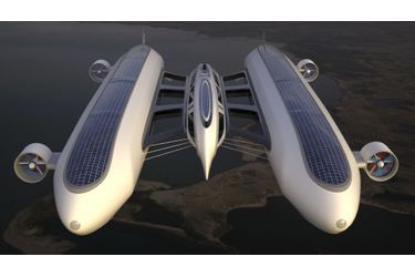 Ce vaisseau de croisière, aux allures de gigantesque catamaran, se compose de deux dirigeables de 150 mètres de long reliés par quatre ponts transversaux à une plateforme en fibre de carbone de 80 mètres, le coeur habitable de l’Air Yacht. 