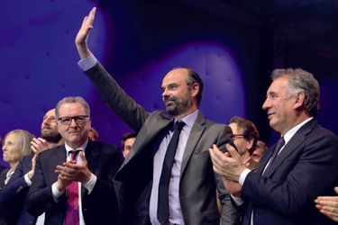 Richard Ferrand, Édouard Philippe et François Bayrou lors de la campagne des européennes, en 2019.