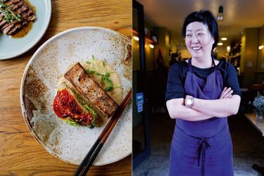 «Mamma » coréenne, la cheffe Ji-Hye Park. A g., la poitrine de porc accompagnée de chou mariné et (à g.) le magret de canard et ses pousses de wasabi. 