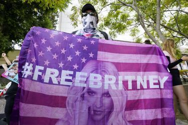 Un supporter du mouvement #FreeBritney porte un drapeau, mercredi, devant le tribunal de Los Angeles.