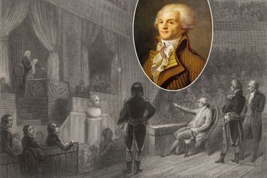 Gravure figurant le procès de Louis XVI devant la Convention. En vignette: portrait de Maximilien de Robespierre, vers 1793