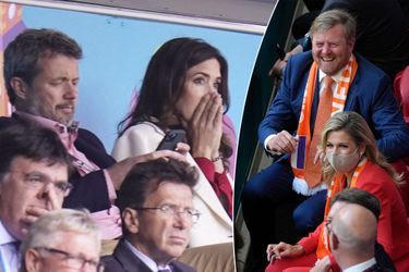 Le prince héritier Frederik et la princesse Mary de Danemark le 12 juin et la reine Maxima et le roi Willem-Alexander des Pays-Bas le 13 juin 2021, lors de matchs de l&#039;Euro de football