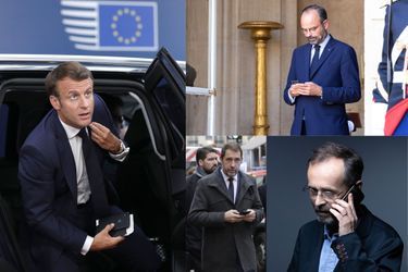 Jamais sans leurs téléphones : Emmanuel Macron, Edouard Philippe et Christophe Castaner en 2019; Robert Ménard en 2021.