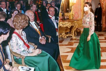 La reine Sofia d'Espagne en 1977 et la reine Letizia d'Espagne le 17 janvier 2022 dans la même robe Valentino