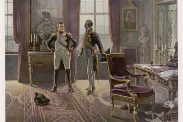 Illustration figurant l’entrevue de Napoléon Ier et Metternich à Dresde, le 28 juin 1813 