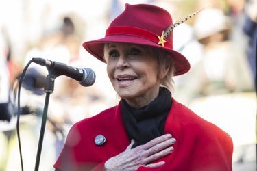 Le 7 février 2020, à Los Angeles. Jane Fonda lors d'une manifestation des Fire Drill Fridays.