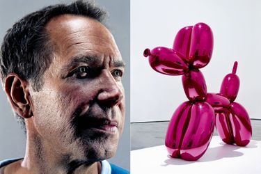 Jeff Koons et l'une de ses oeuvres emblématiques, le "Balloon Dog".