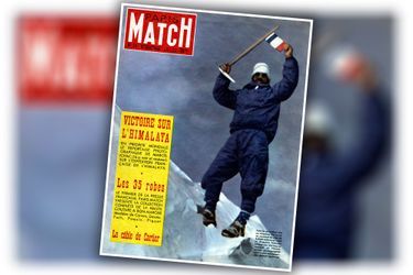 Maurice Herzog au sommet de l&#039;Annapurna dans l&#039;Himalaya, le 3 juin 1950. Il aura les doigts et les orteils gelés lors de l&#039;exploit. Couverture de Paris Match n°74, daté du 19 aout 1950. 