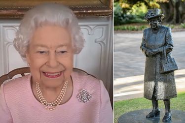 La reine Elizabeth II en visioconférence avec l’Australie, le 24 février 2021. A droite, sa statue à Adélaide 