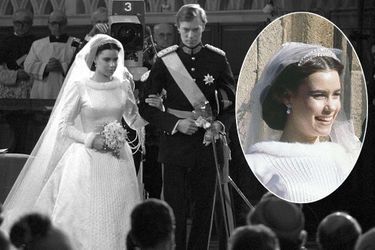 La robe de mariée et le diadème de Maria Teresa Mestre, le jour de son mariage à Luxembourg, le 14 février 1981