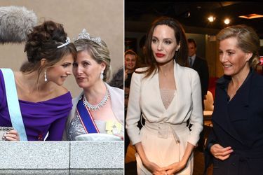 La comtesse Sophie de Wessex avec la reine Rania de Jordanie, le 19 juin 2010, et avec Angelina Jolie, le 23 novembre 2018