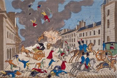 Gravure figurant l’attentat perpétré contre Napoléon Bonaparte à Paris le 24 décembre 1800 