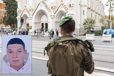 Devant la basilique de Nice, le 3 novembre. En médaillon, le terroriste, Brahim Aouissaoui.