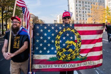 Des militants QAnon manifestent en faveur de Trump, à Washington, le 14 novembre.