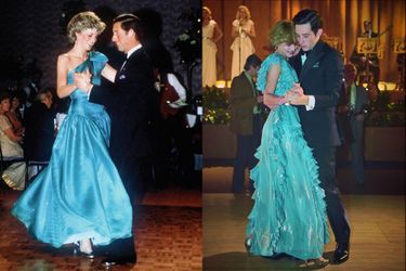 Pendant un bal à Melbourne, au cours du premier voyage officiel de Charles et Diana, en 1983, en Australie. A d. : Presque les mêmes, dans la saison 4. Mais plus gauches, et moins souriants.