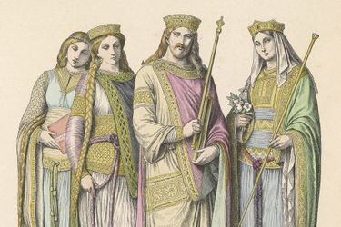 Détail d'une gravure représentant l’empereur Charlemagne et la reine Hildegarde avec deux dames de cour 