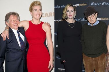 Kate Winslet : à gauche avec Roman Polanski en 2011 pour la promotion de &quot;Carnage&quot; ; à droite en 2017 avec Woody Allen pour &quot;Wonder Wheel&quot;