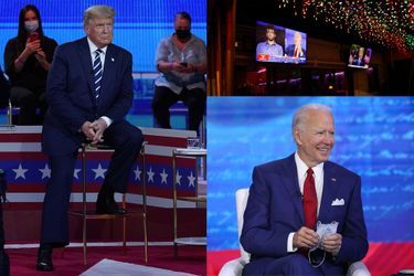 Donald Trump à Miami, Joe Biden à Philadelphie et deux écrans de télévision diffusant les deux émissions dans un bar en Floride.