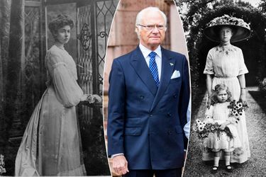 Le roi Carl XVI Gustaf de Suède, le 6 juin 2020. A gauche, sa grand-mère paternelle Margaret de Connaught, photo non datée. A droite, sa grand-mère maternelle Victoria-Adélaïde de Schleswig-Holstein et sa mère Sybilla en 1922