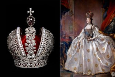 Réplique de la couronne impériale de Catherine II de Russie et portrait de l’impératrice de Russie Catherine II dans sa tenue de couronnement par Stefano Torelli (Musée de l’Ermitage, Saint-Pétersbourg) 