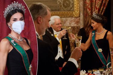 La reine Letizia d'Espagne coiffée du diadème "russe" au banquet d'Etat donné pour le président italien au Palais royal à Madrid, le 16 novembre 2021
