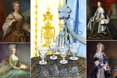 Les quatre verres à pied de la "Galerie des Reines". A gauche: portraits des reines Marie Leszczynska (Nationalmuseum Stockholm) et Marie-Antoinette (collection privée). A droite: portraits des reines Marie-Thérèse et Marie-Amélie (Versailles, musee du chateau) 